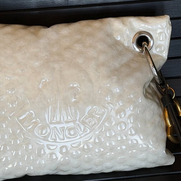 MONCLER Goose Down Padded Vanille Clutch Bag Chunky Logo Key Chain White NWOT - Picture 3 of 12
